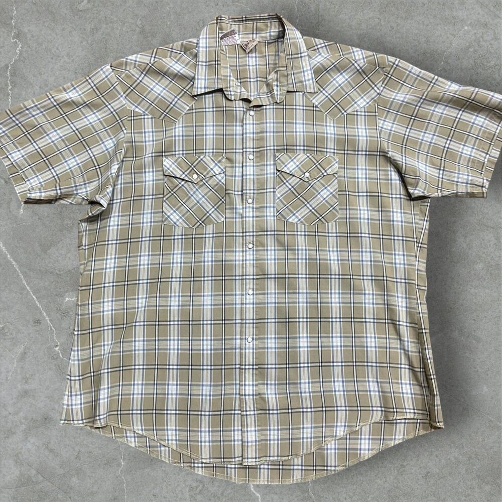 Western Frontier Vintage Pearl Snap Plaid Tan Brown Button Up Shirt Mens Size XL